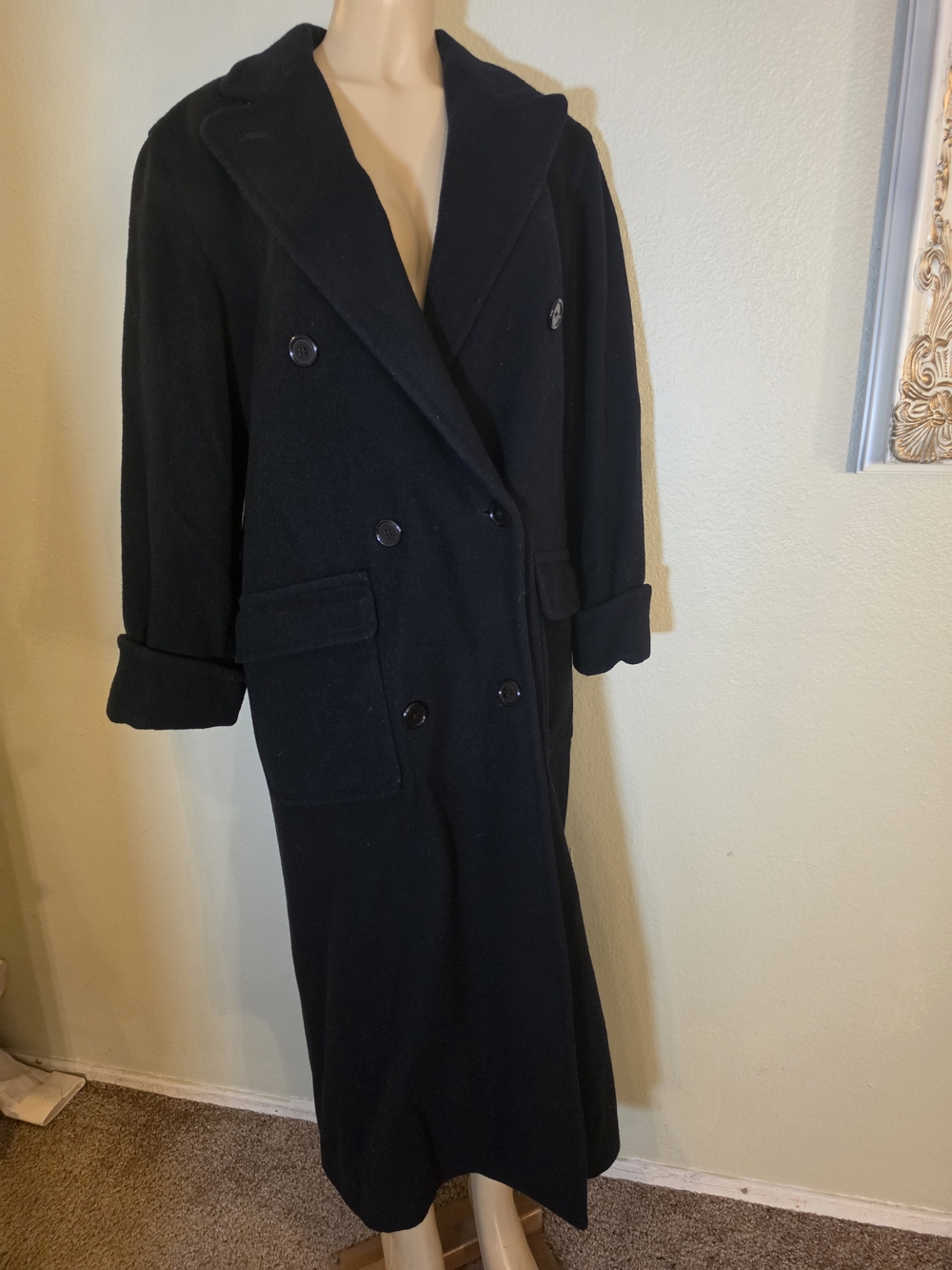 vintage lauren ralph lauren womens 10 black 100% pure wool long trench coat usa